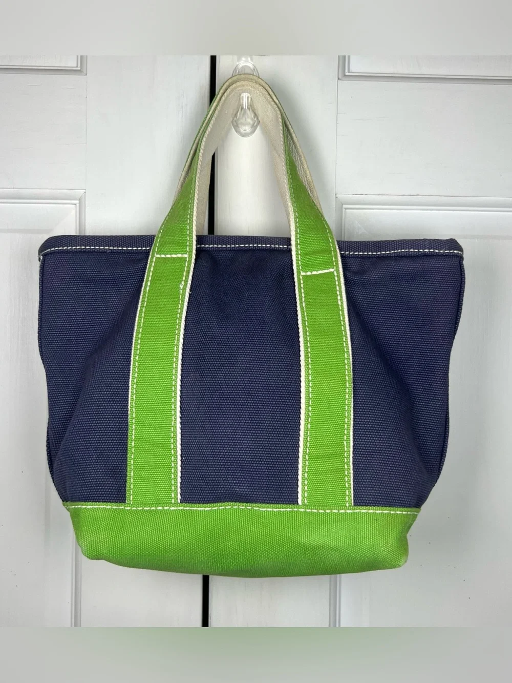 Lands End Vintage Small Zippered Tote Navy Blue/Lime Green 12x9x6